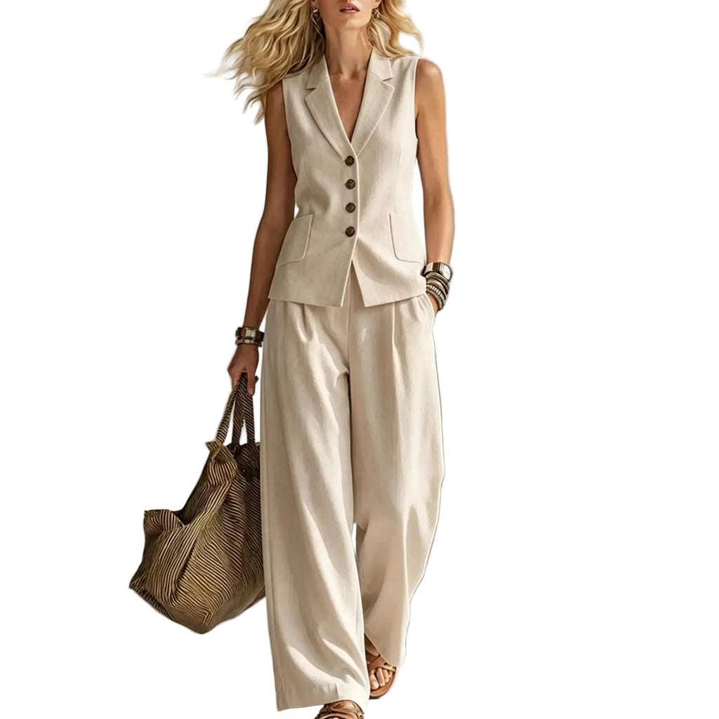 V-Neck Vest and Loose Trousers Set  For Woman  - At Casual Flow Shop