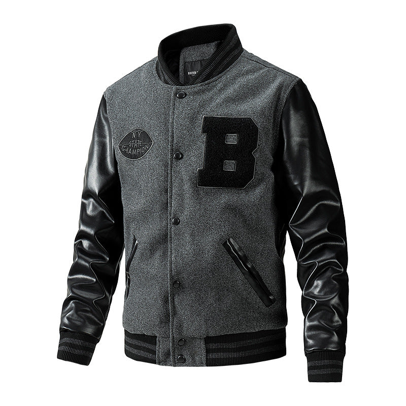 Gray varsity jacket with black leather sleeves and a large letter 'B' on the chest, on a white background.