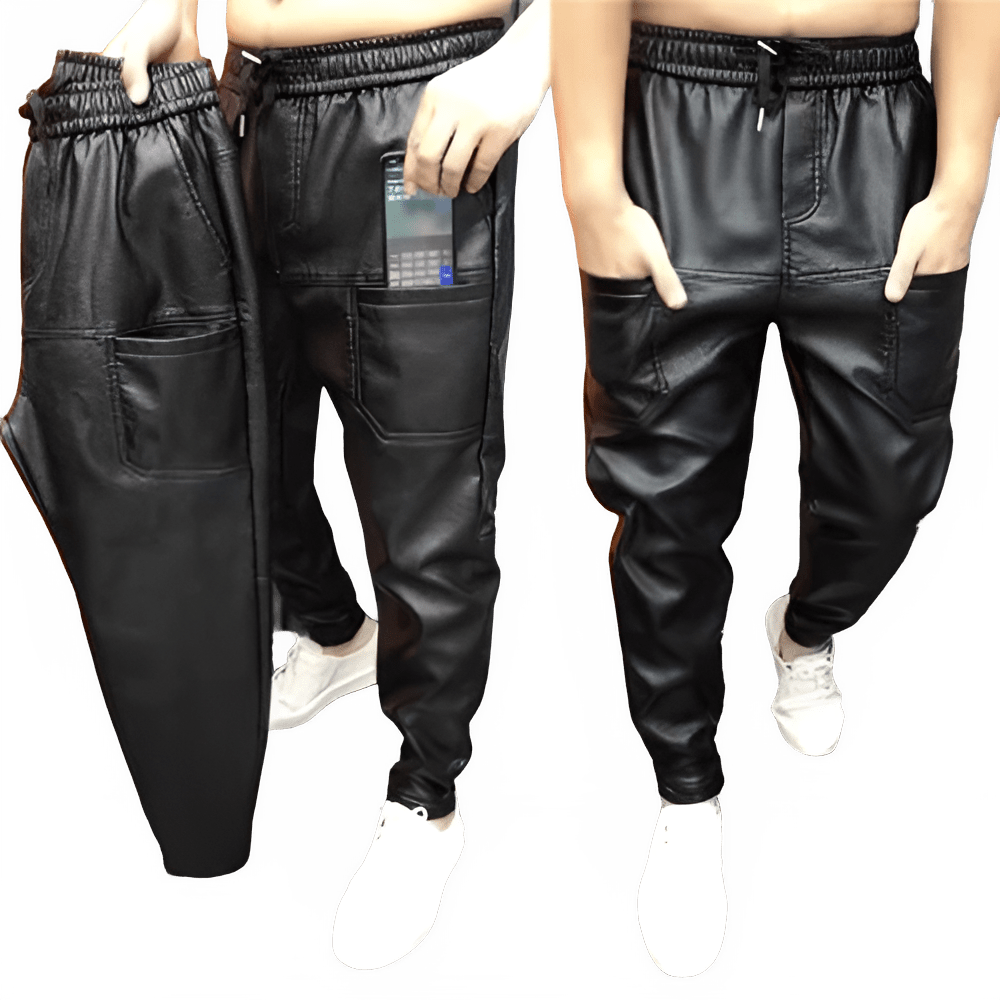 men's faux leather jogger pants black