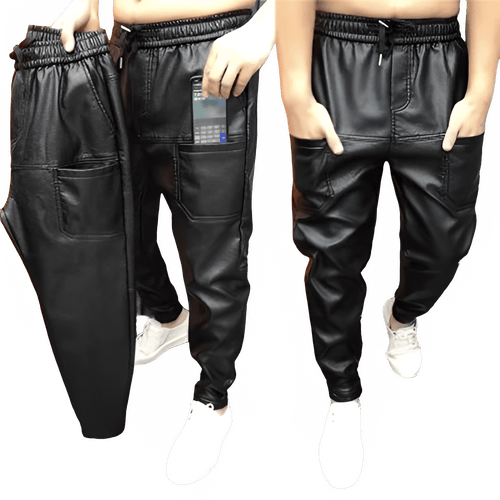 men's faux leather jogger pants black