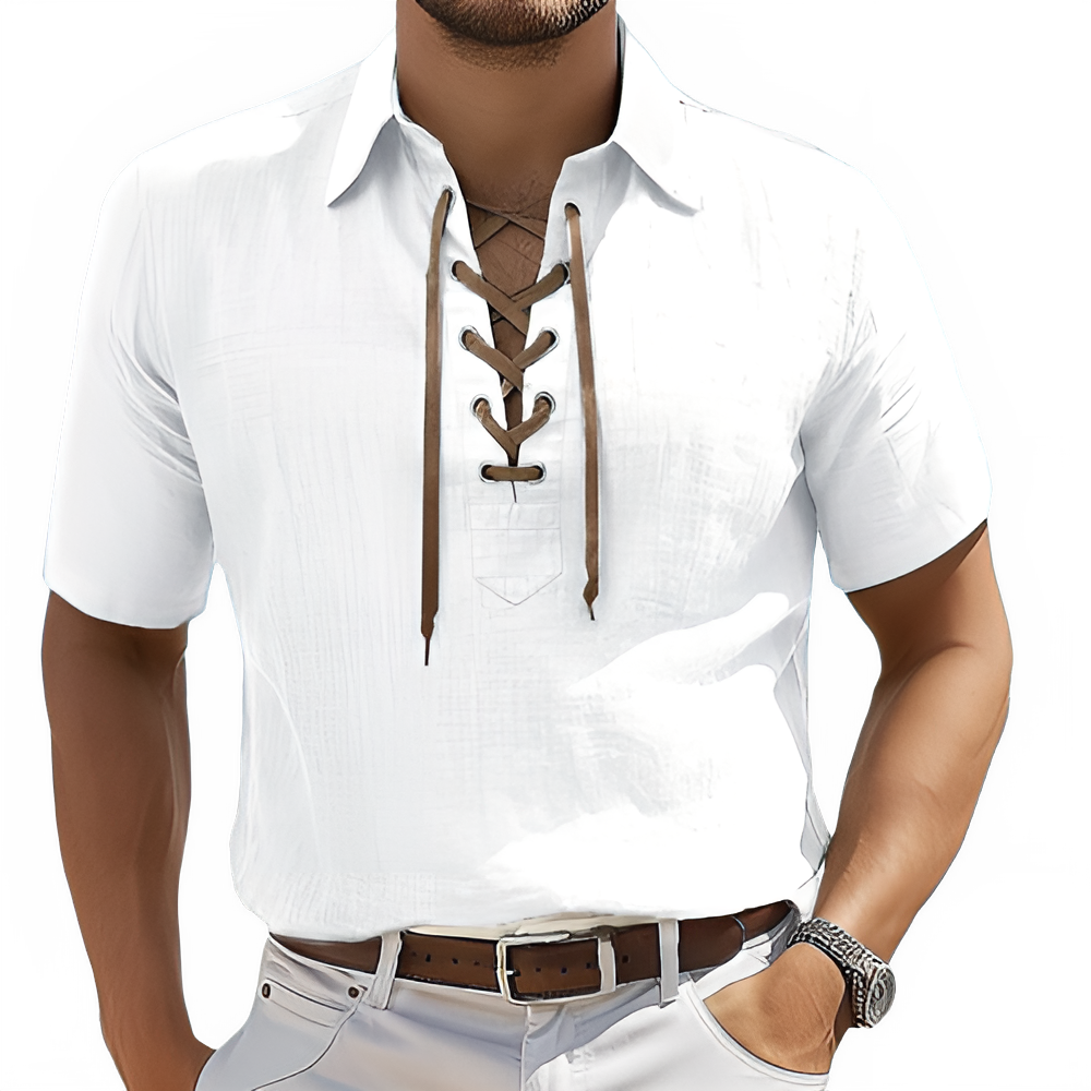 Men's Lace-Up V-Neck Tee - White - Summer Casual Top