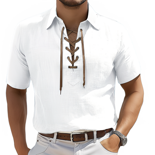 Men's Lace-Up V-Neck Tee - White - Summer Casual Top