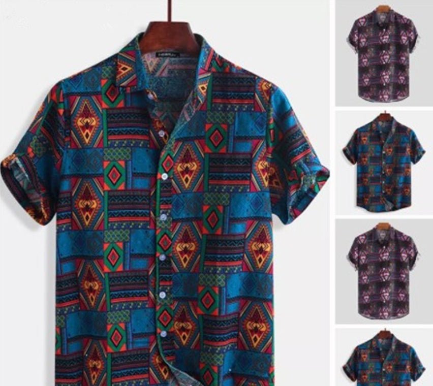 Men’s Printed Beach Shirt in Dark Blue – 100% Cotton