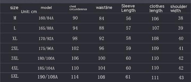 Size chart for clothing with measurements in centimeters
