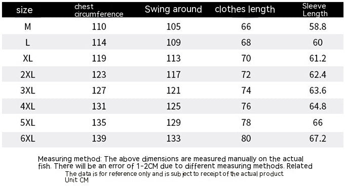 Table showing fish size measurements including chest circumference, swing around, clothes length, and sleeve length.