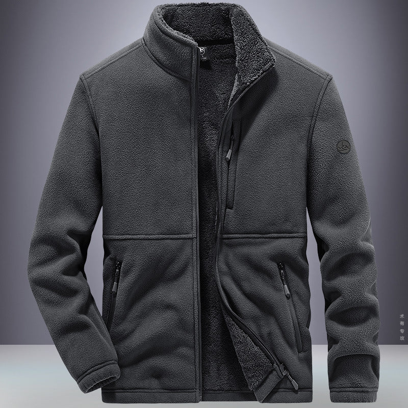 Dark gray fleece jacket on a gradient background