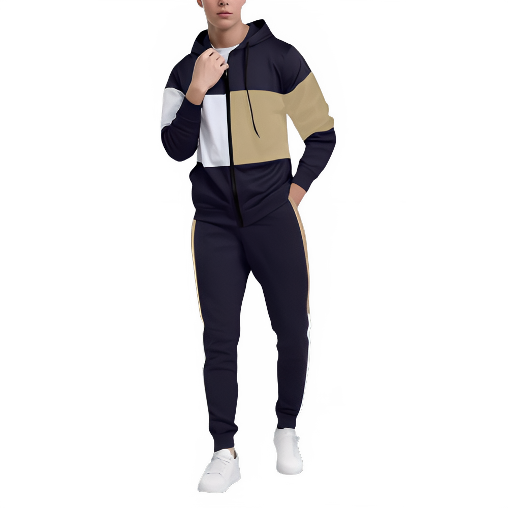 Men’s plus size two-piece tracksuit set in navy and beige color block design