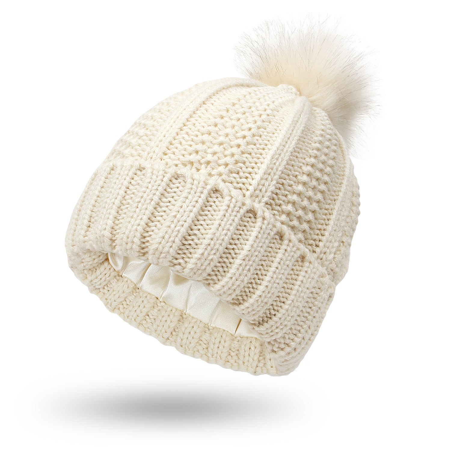 Ensure all product images have descriptive alt text, such as "Women's satin-lined knit beanie with faux fur pom