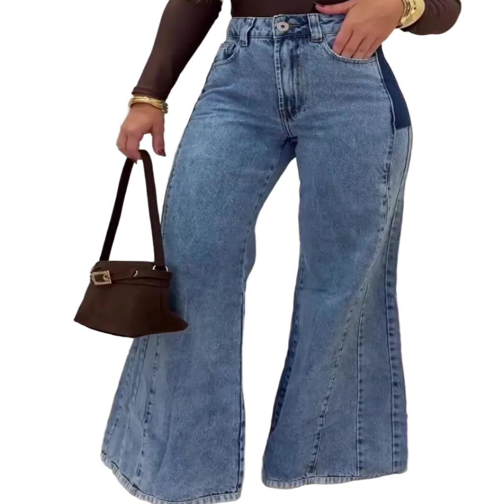 Women's high waisted flare jeans in light wash denim – full length silhouette