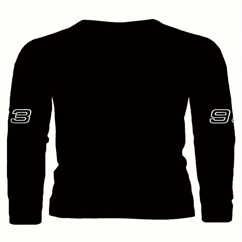 Black long-sleeve shirt with numbers 3 and 9 on sleeves against a white background