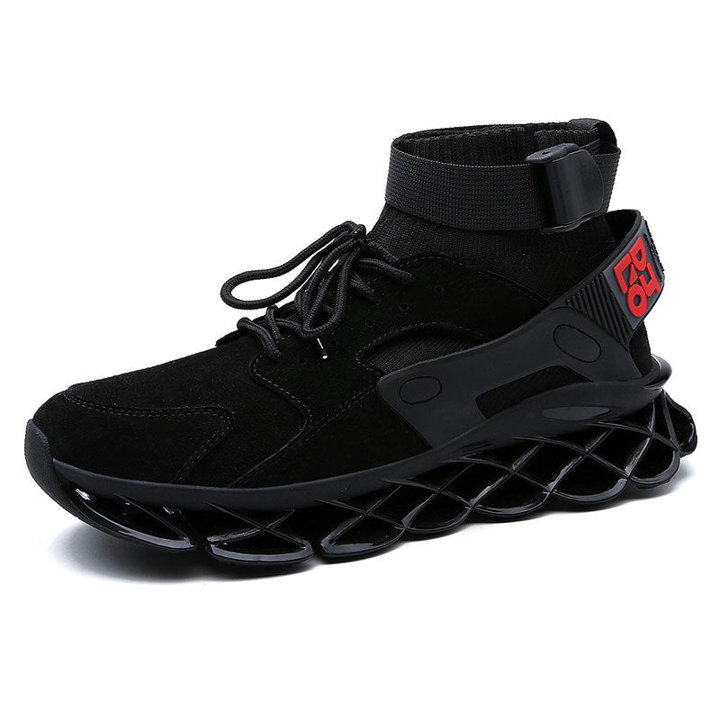Men’s black high-top non-slip blade sole work sneakers with cushioned lattice outsole