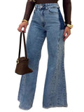 Women's high waisted flare jeans in light wash denim – full length silhouette
