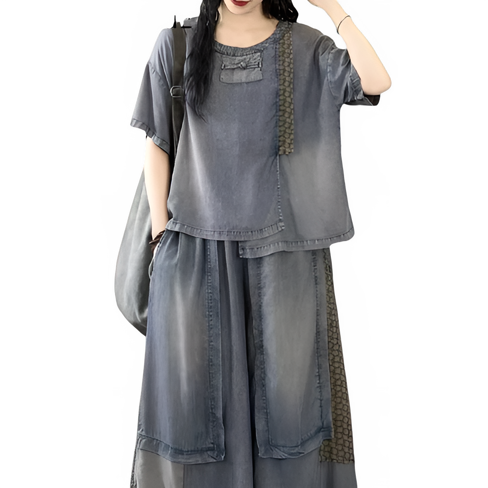 Vintage Two-Piece Set in Blue – Relaxed O-Neck Top & Wide Leg Jeans for Women