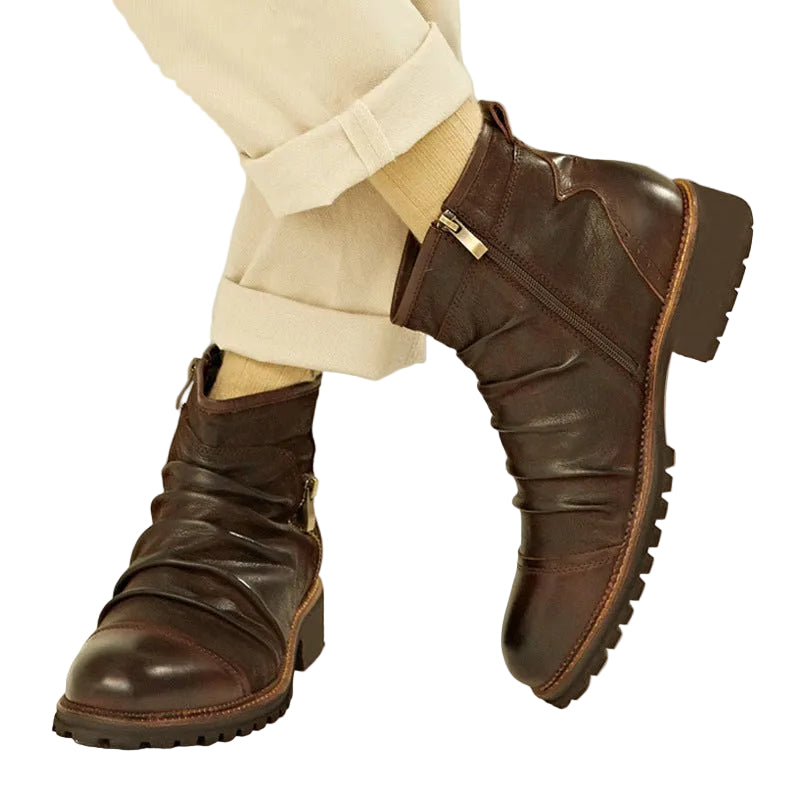 Cowboy Leather Martin Boots - Mid Heel, Side Zipper - CasualFlowshop