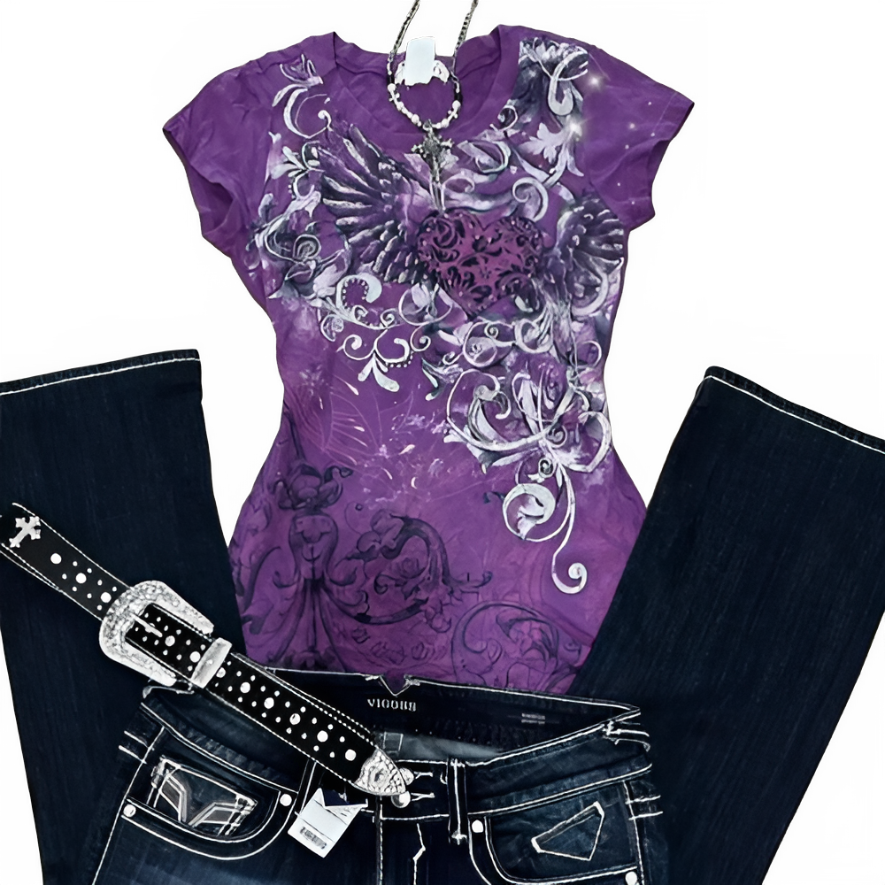 Women's vintage purple graphic print slim t-shirt Y2K punk aesthetic streetwear