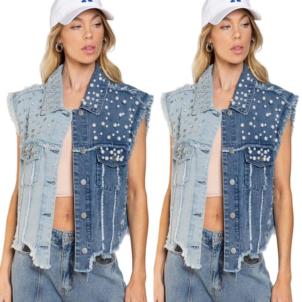 Splicing Beads Loose Women's Short Denim Vest - CasualFlowshop
