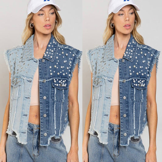 Splicing Beads Loose Women's Short Denim Vest - CasualFlowshop