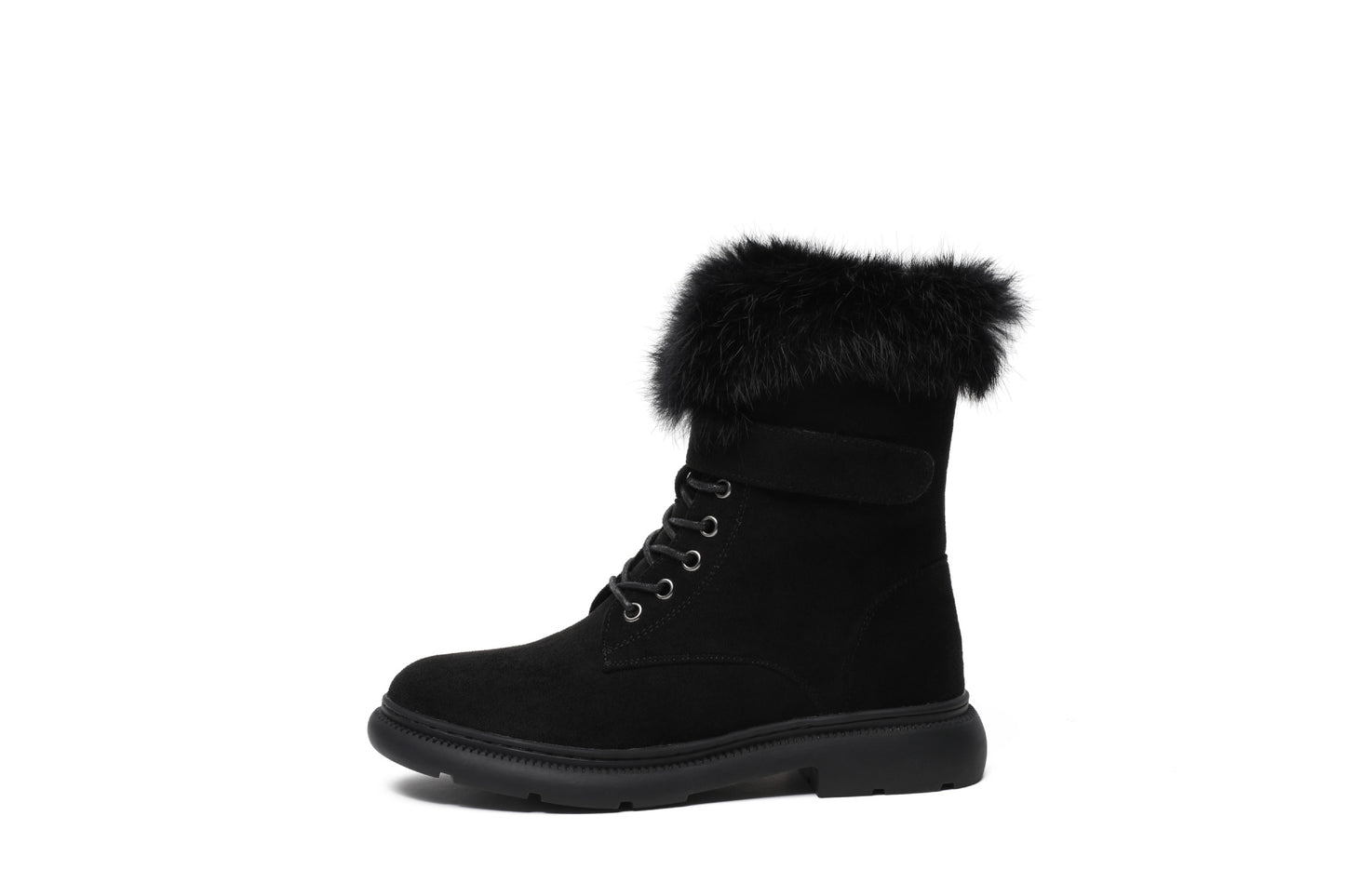 Close-up of women’s faux fur winter boots showing soft fur lining and durable platform sole.