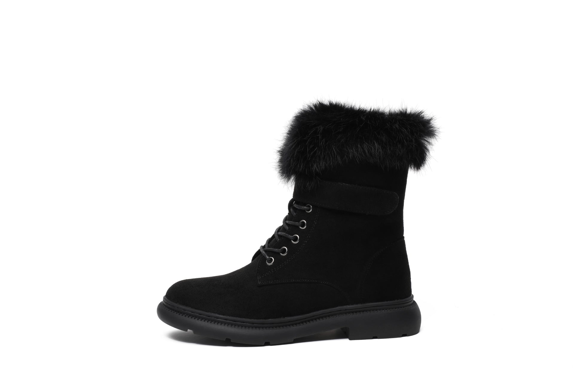 Close-up of women’s faux fur winter boots showing soft fur lining and durable platform sole.