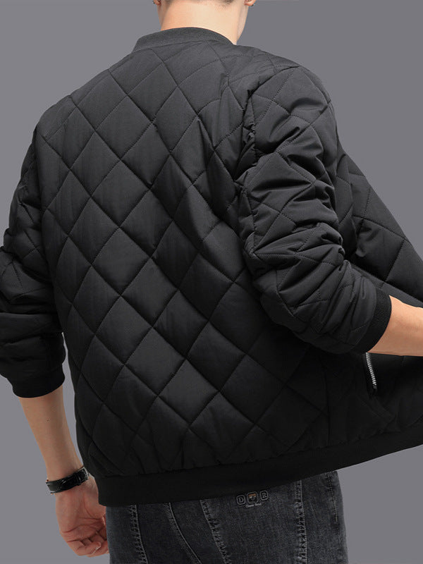 Black Men’s Quilted Cotton Winter Jacket worn by a person on a gray background
