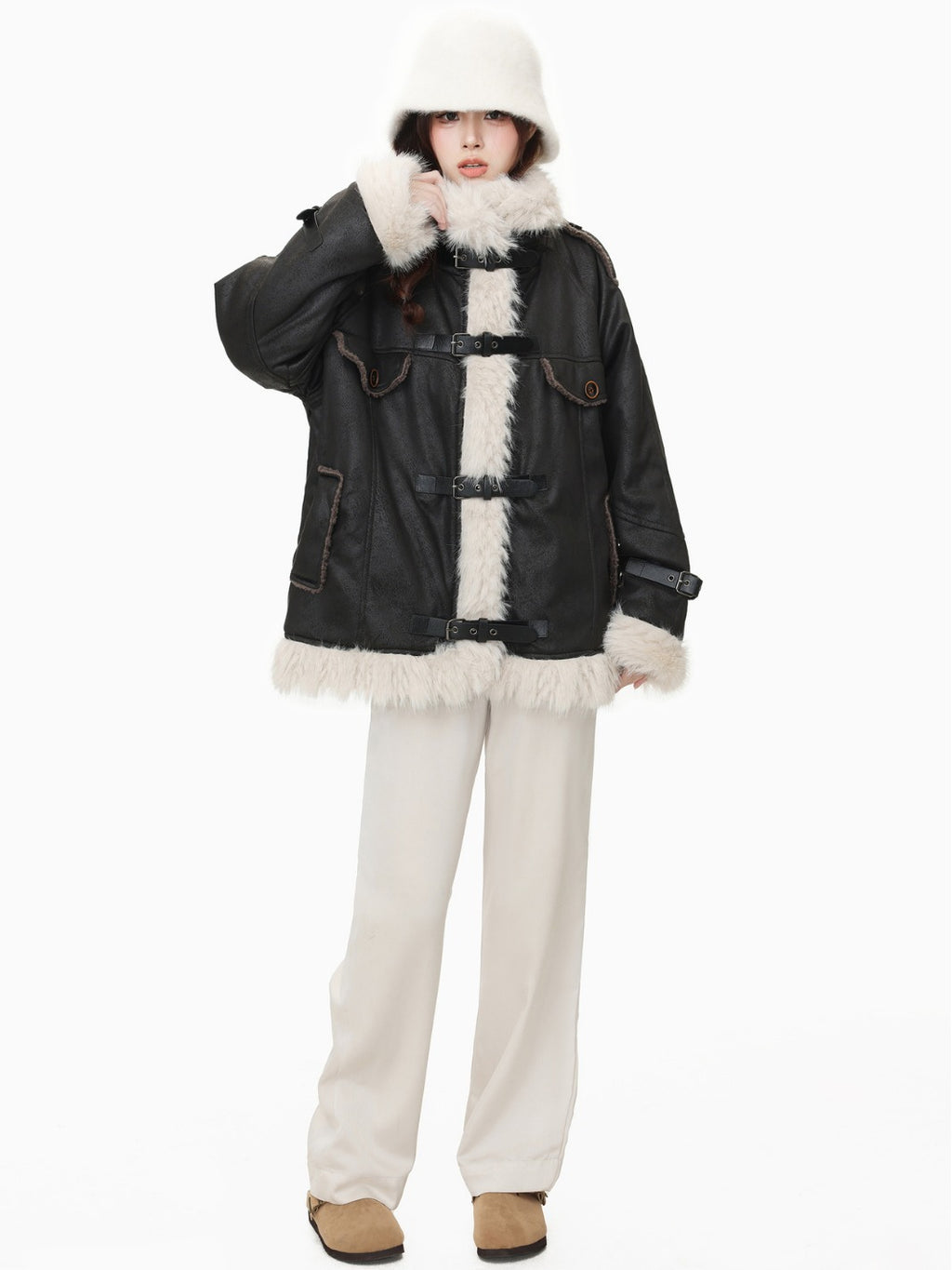Women's black shearling coat – faux leather winter outerwear with wool lining