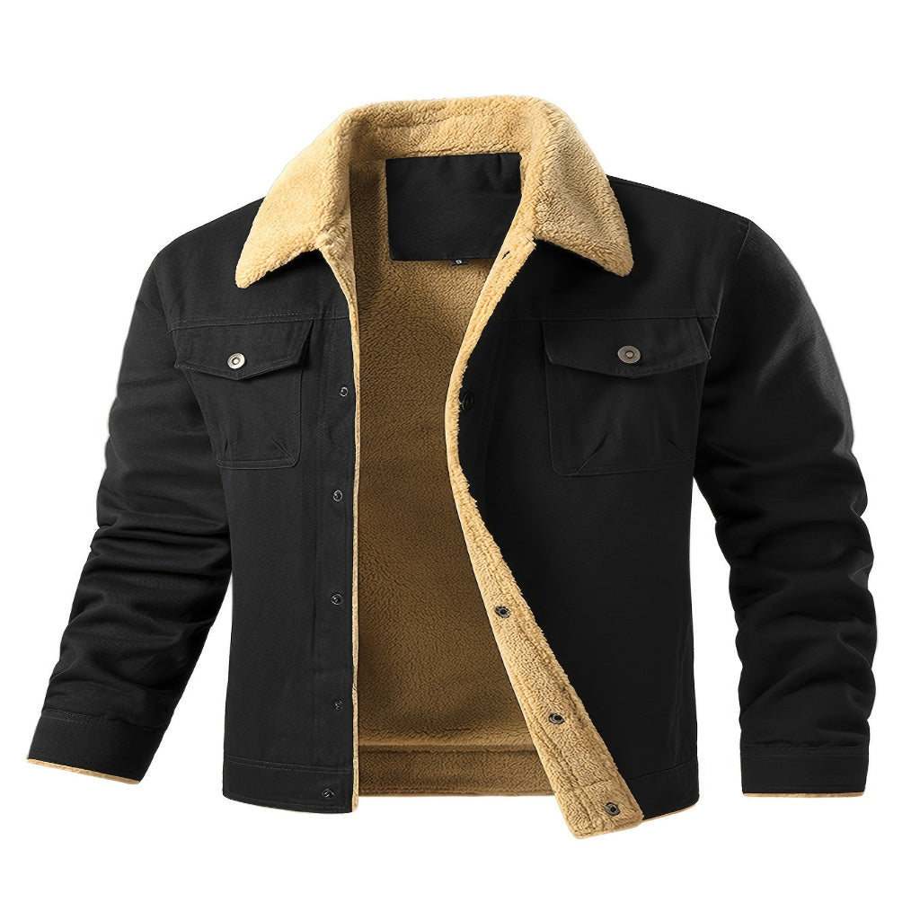 Men’s color block fleece-lined winter jacket with hood, black outer shell and warm beige lining