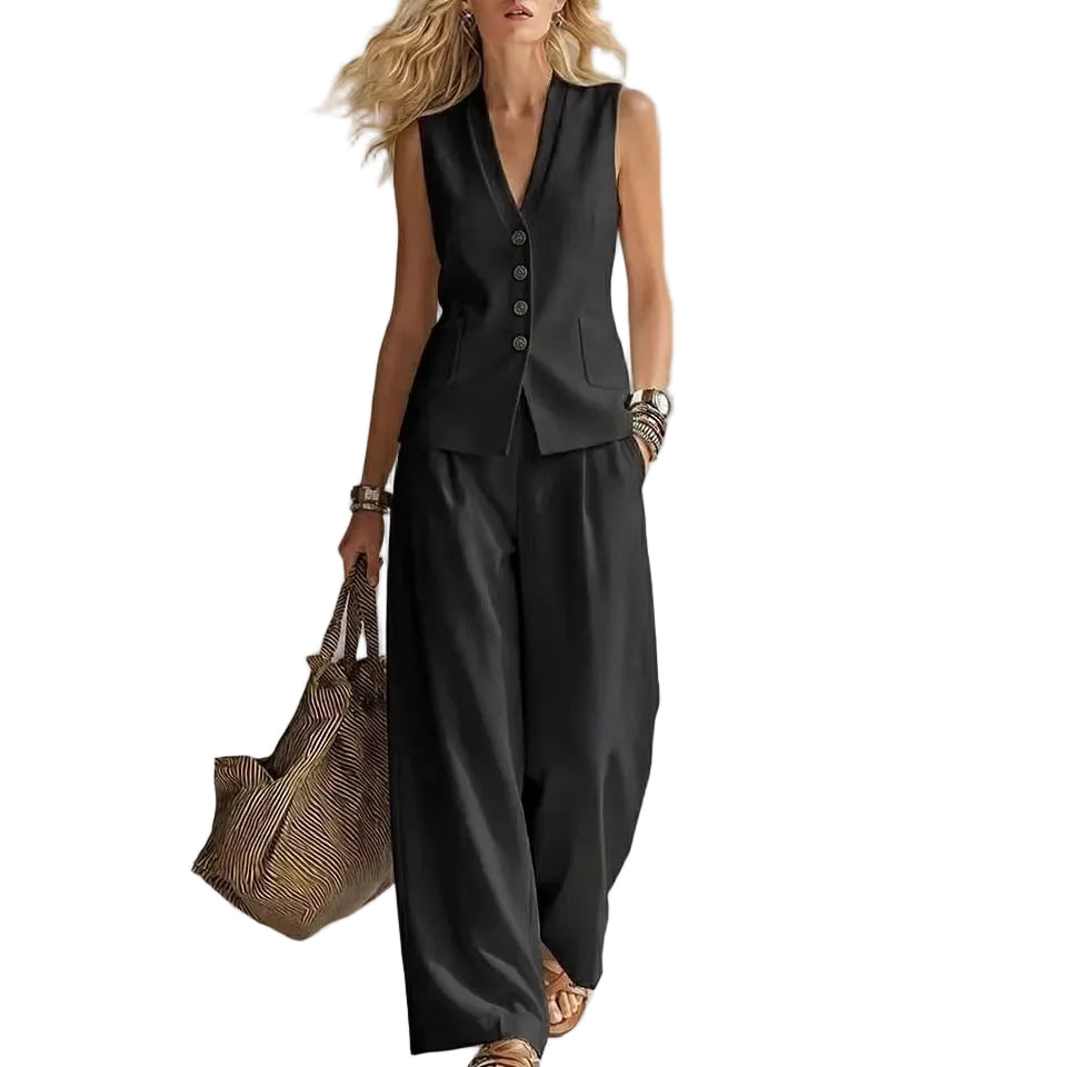 V-Neck Vest and Loose Trousers Set  For Woman  - At Casual Flow Shop