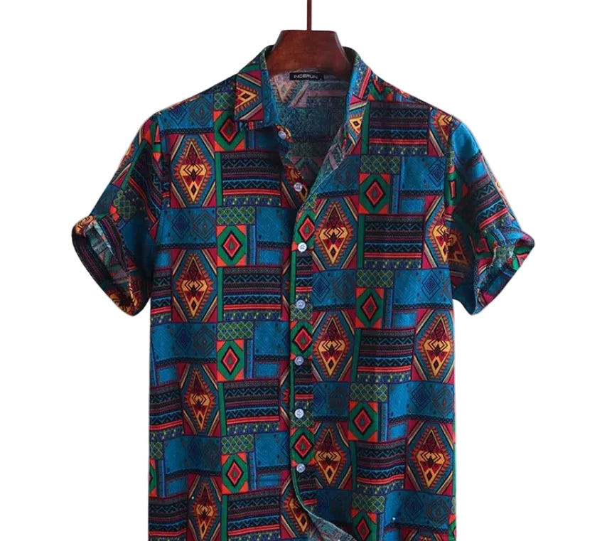 Men’s Printed Beach Shirt in Dark Blue – 100% Cotton