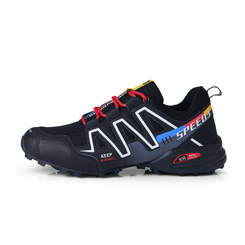 Black running shoe with colorful branding on a white background