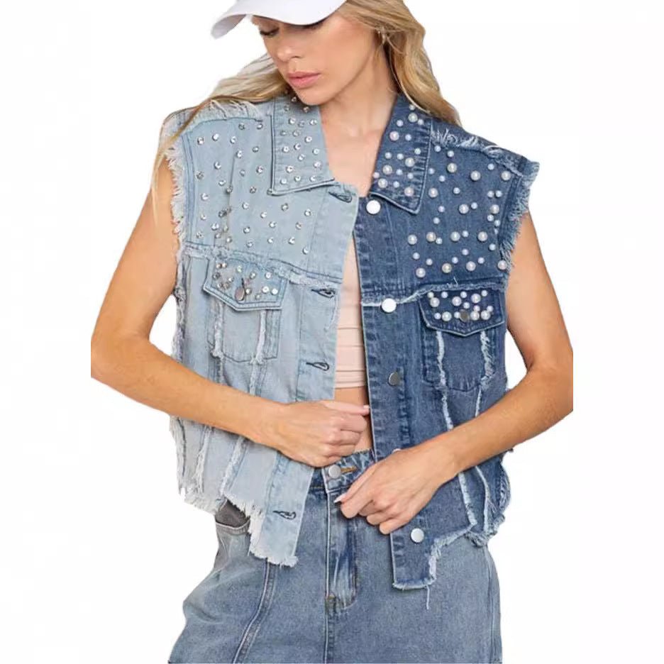 Splicing Beads Loose Women's Short Denim Vest - CasualFlowshop