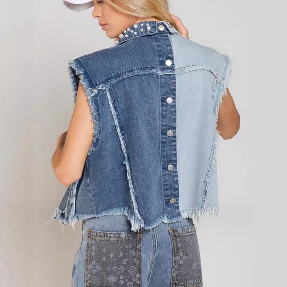 Splicing Beads Loose Women's Short Denim Vest - CasualFlowshop