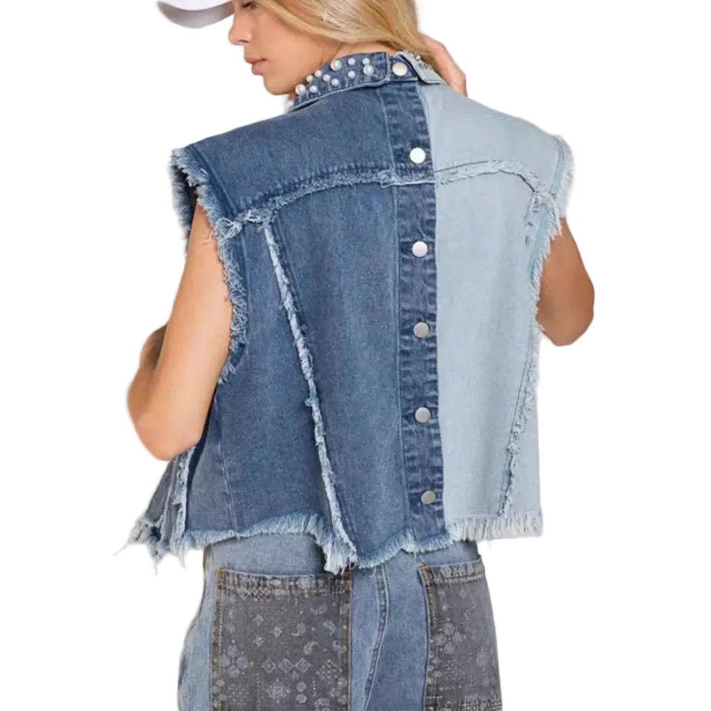 Splicing Beads Loose Women's Short Denim Vest - CasualFlowshop