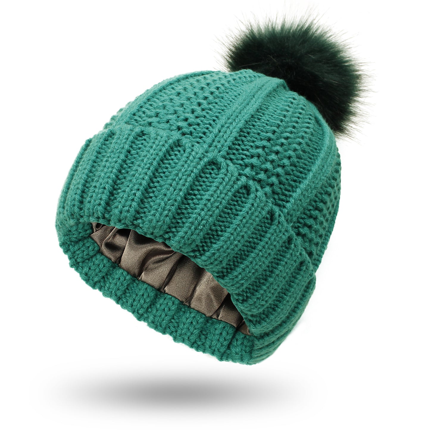 Ensure all product images have descriptive alt text, such as "Women's satin-lined knit beanie with faux fur pom