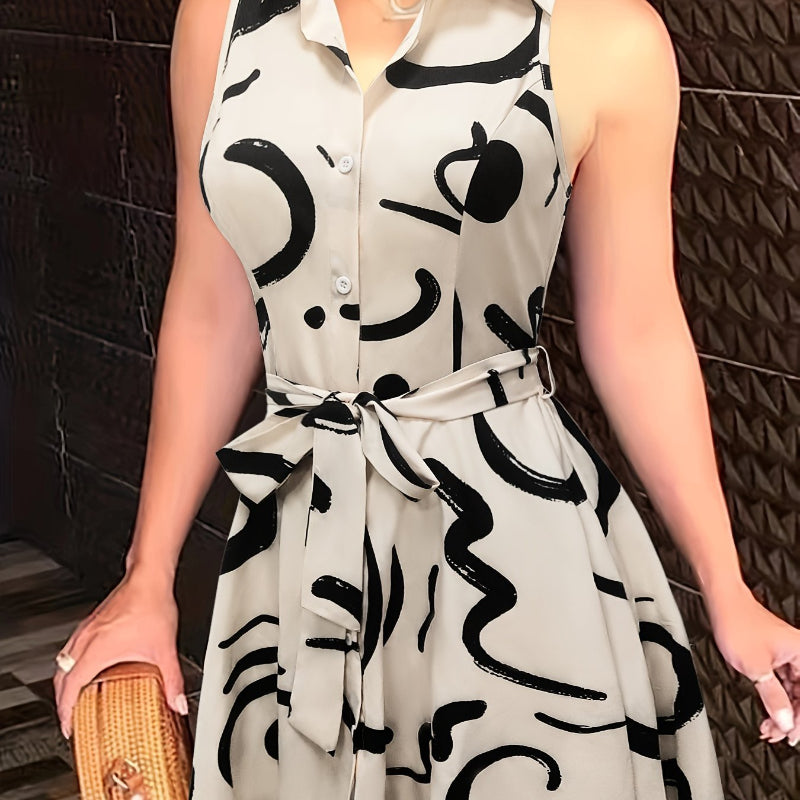 Stylish Abstract Sleeveless Dress with Tie - waist - Chic Semi - Sheer Summer Fashion for Women - CasualFlowshop