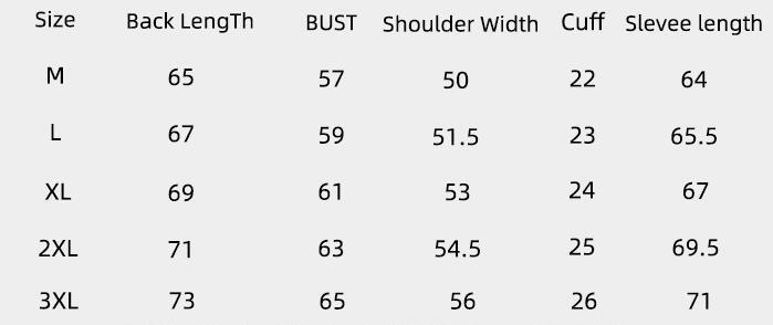 Table displaying measurements for different sizes of a garment including back length.