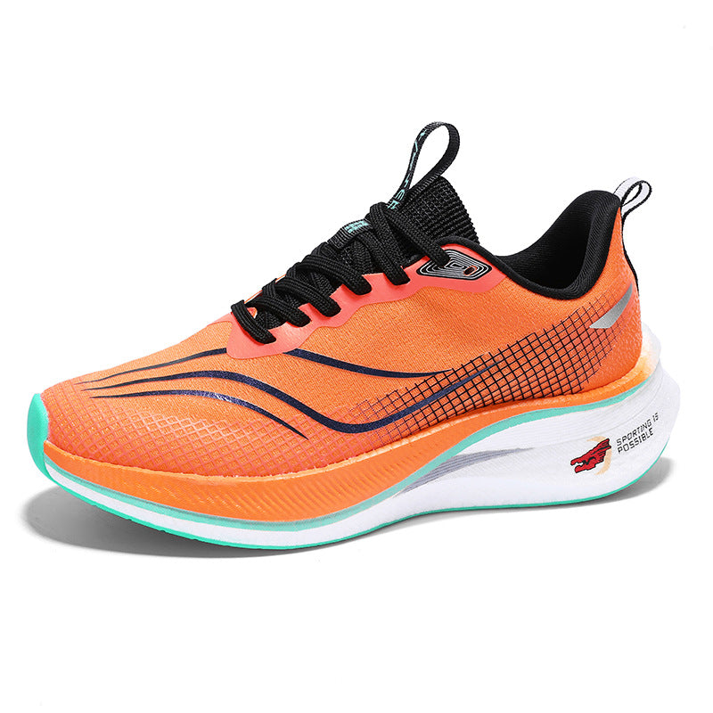 Orange running shoe with black and white accents on a white background