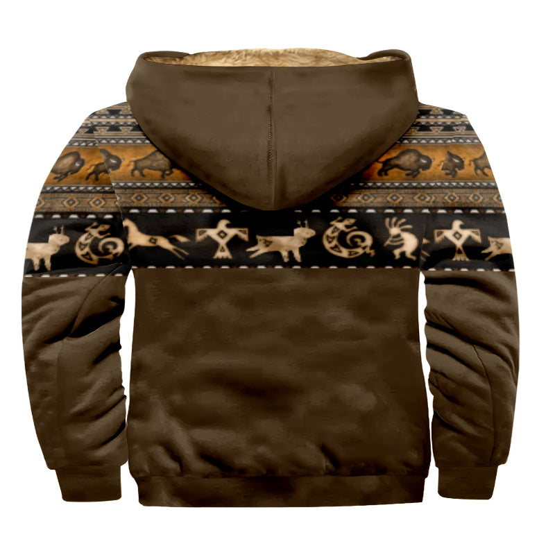 Brown hoodie with tribal pattern on the back against a white background