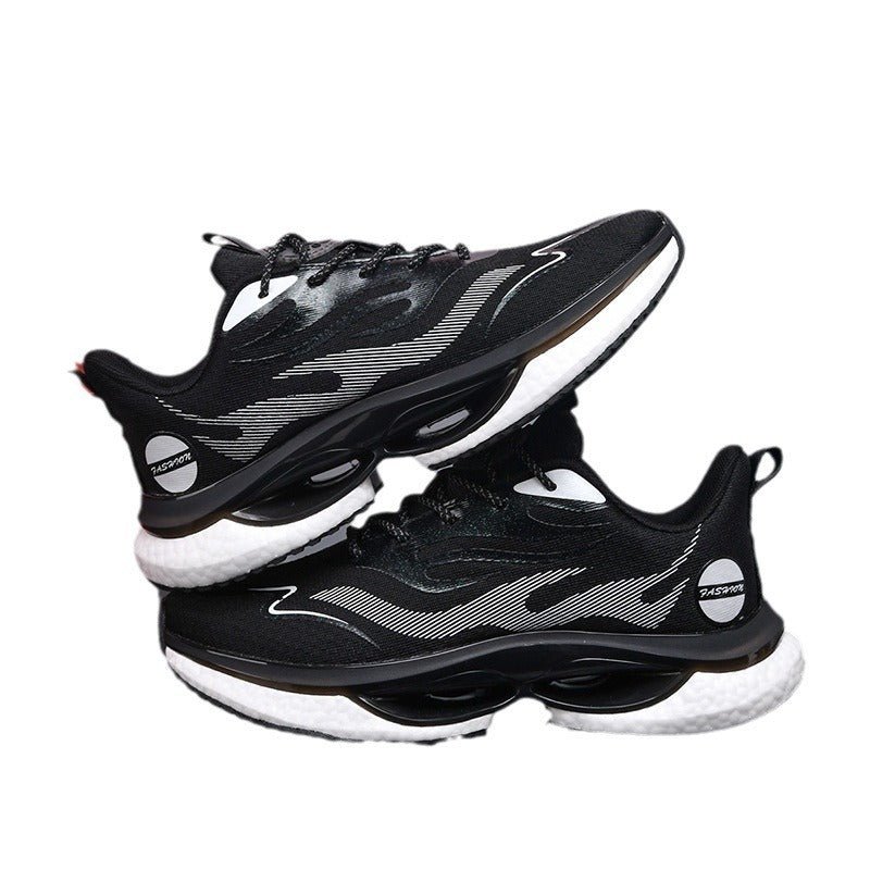 Black and white sneakers with a brand logo on a white background