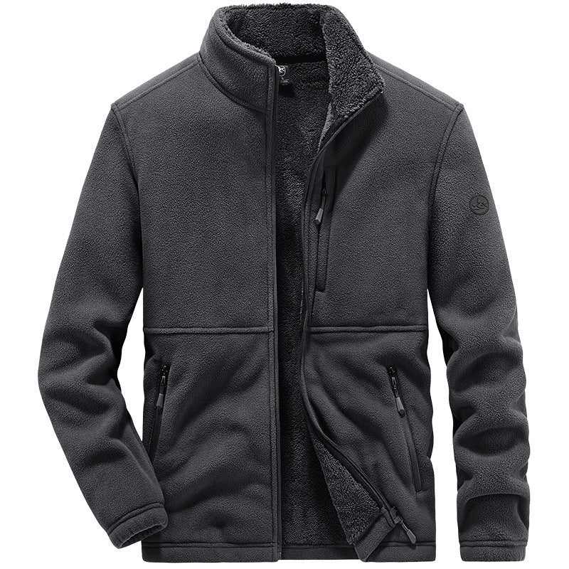 Dark gray fleece jacket with a high collar on a white background