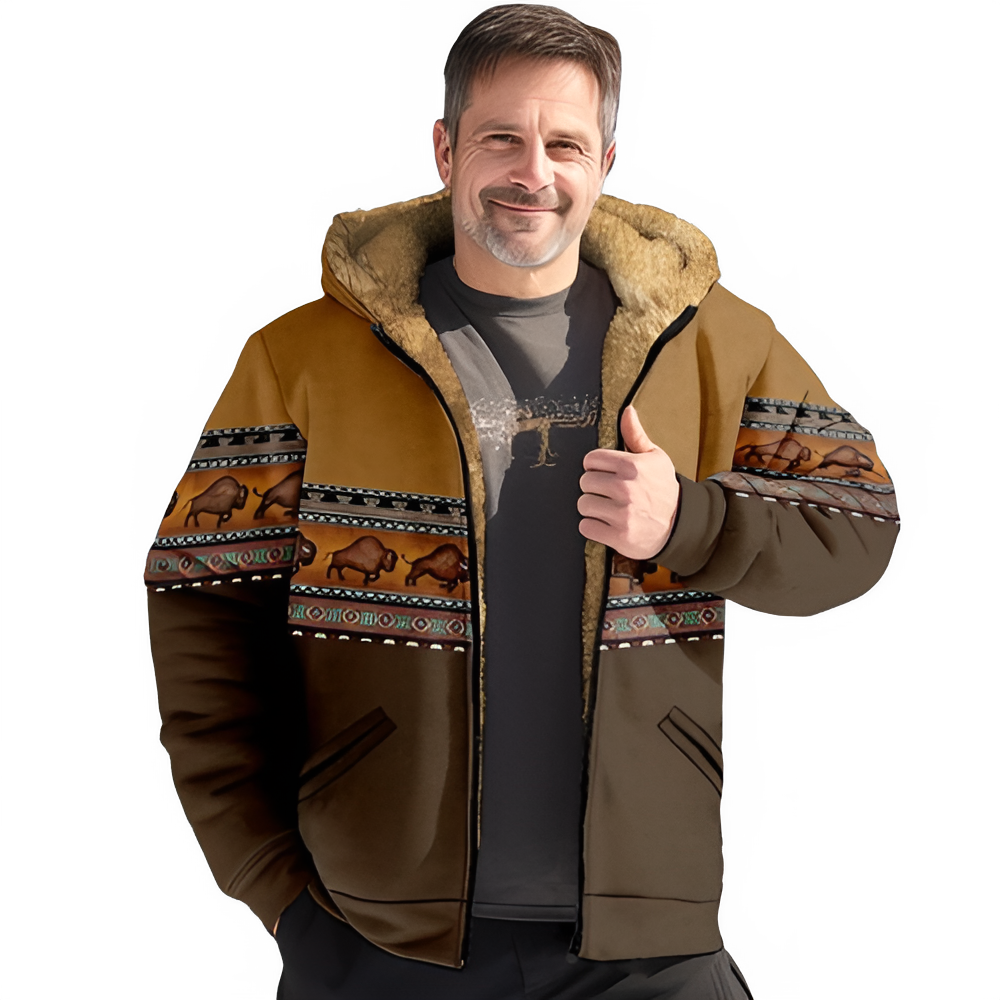 Men's Random Print Hooded Polyester Coat – Color 1 – CasualFlowshop