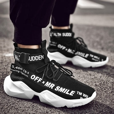 Men’s Streetwear Sock Sneakers – White & Red High - Tops - CasualFlowshop