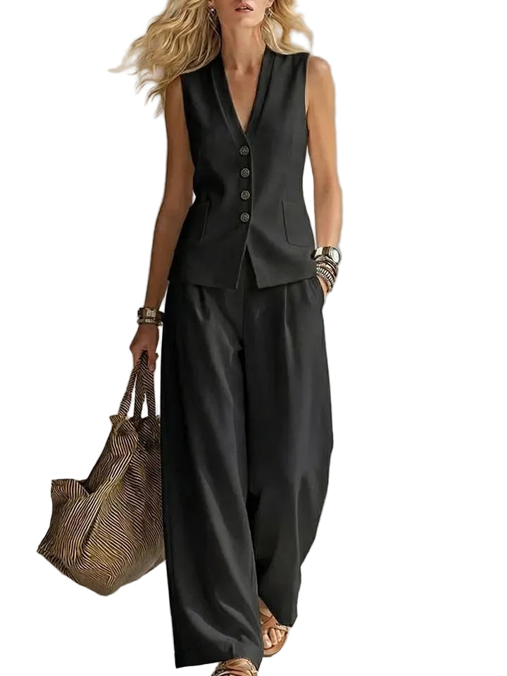 V-Neck Vest and Loose Trousers Set  For Woman  - At Casual Flow Shop