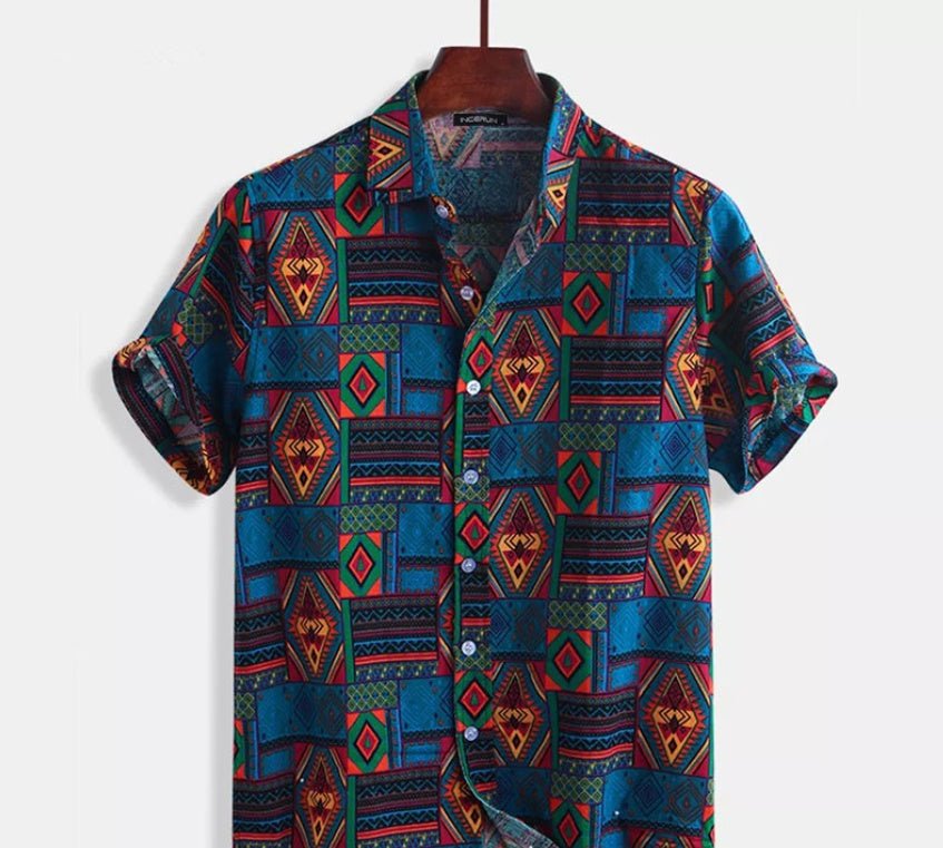 Men’s Printed Beach Shirt in Dark Blue – 100% Cotton