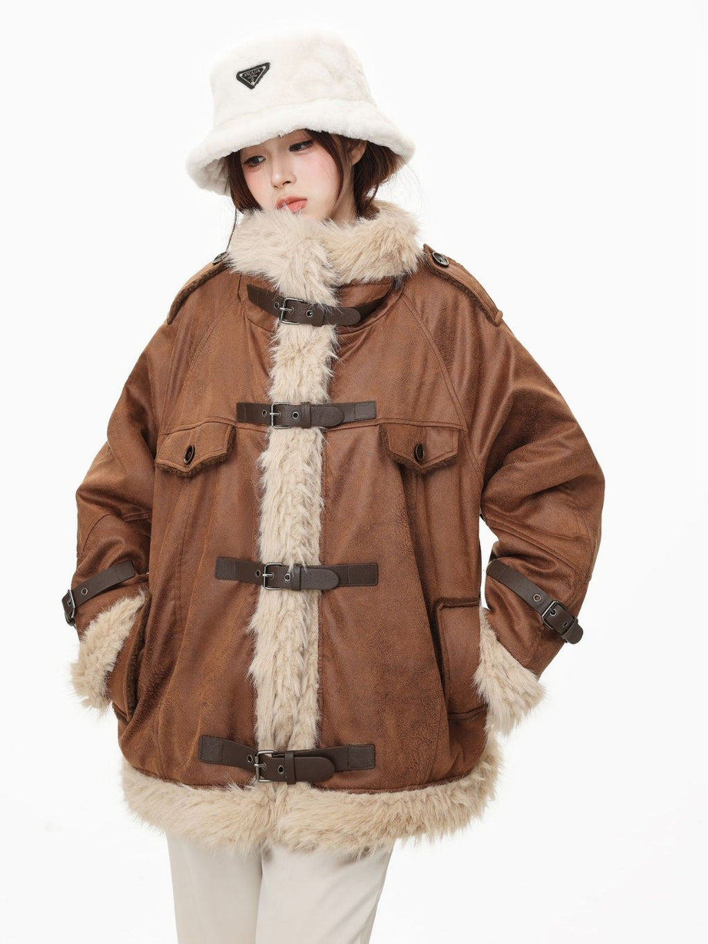 Women's black shearling coat – faux leather winter outerwear with wool lining