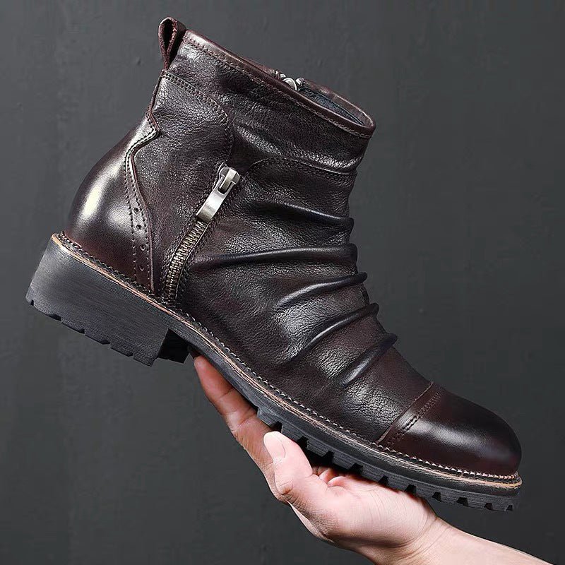 Cowboy Leather Martin Boots - Mid Heel, Side Zipper - CasualFlowshop