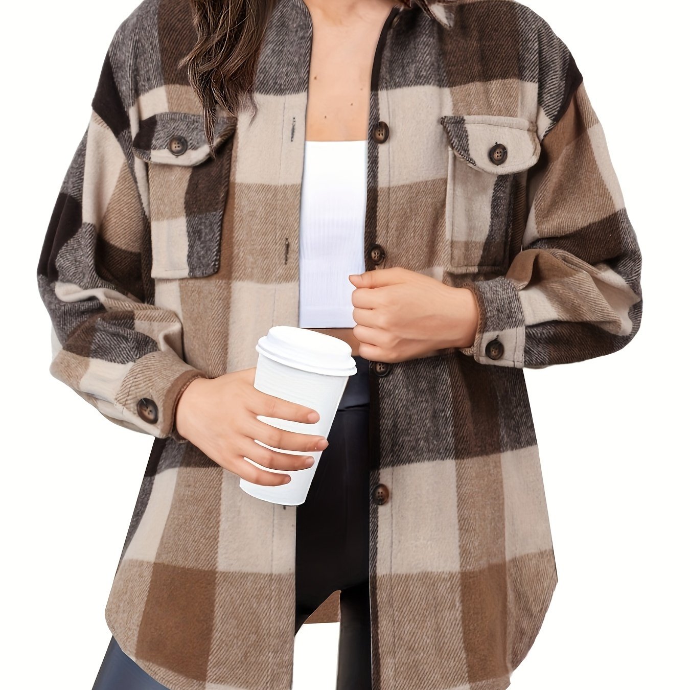 Women's Slim Wool Plaid Coat - Close-up of the plaid pattern on a wool coat