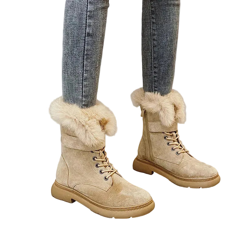 Women’s faux fur winter boots with lace-up design and platform sole, warm casual style in apricot color.