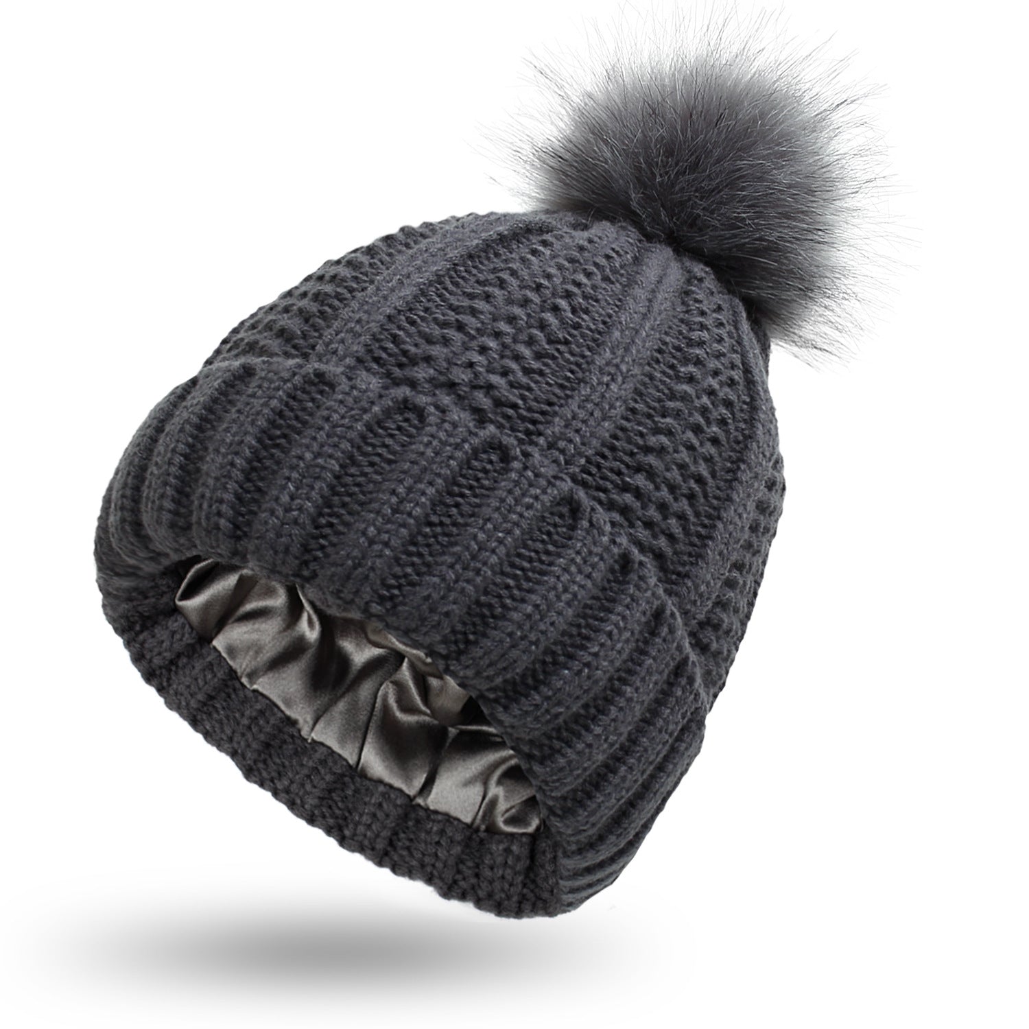 Ensure all product images have descriptive alt text, such as "Women's satin-lined knit beanie with faux fur pom