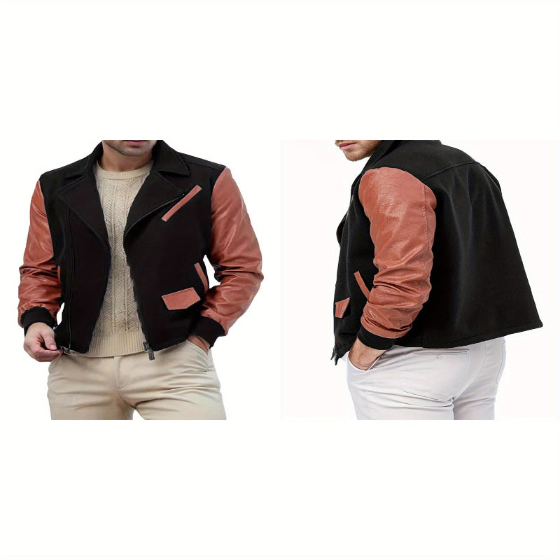 Two views of a black and brown leather jacket on a white background