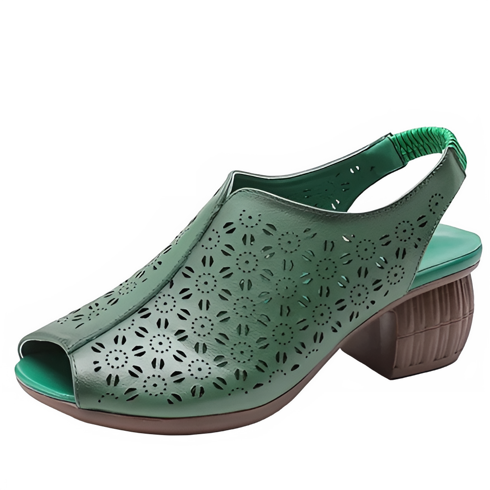 Women's green leather mid heel fish mouth sandals - summer comfort sandals